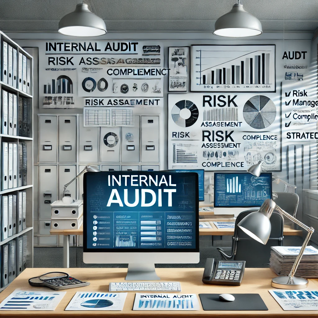 dall·e 2024 07 22 09.34.46 a professional office environment with elements representing internal audit activities. the scene includes a large desk with documents, charts, and fi