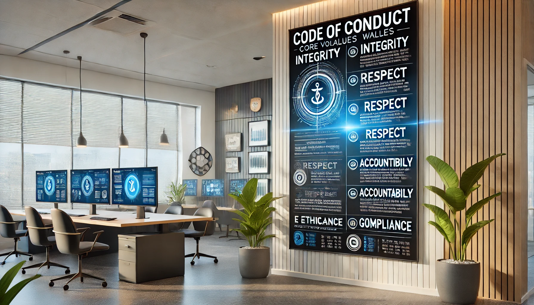 dall·e 2024 07 22 09.44.59 a modern office setting showcasing a large code of conduct poster on a wall. the poster highlights core values like 'integrity,' 'respect,' 'accountab