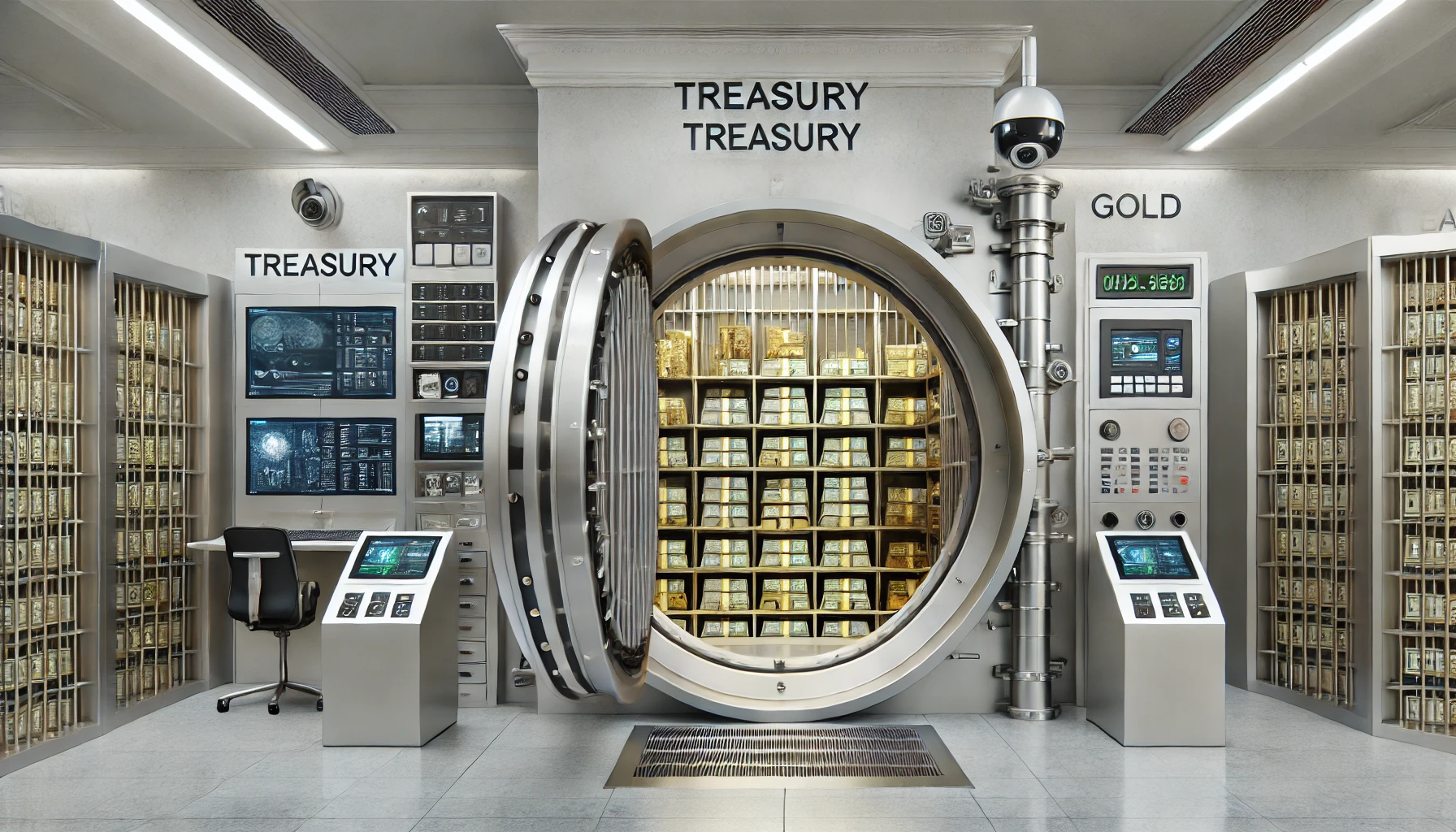 dall·e 2024 07 28 11.41.20 a modern and secure treasury environment. show a large, sophisticated vault door partially open, revealing stacks of currency, gold bars, and importan