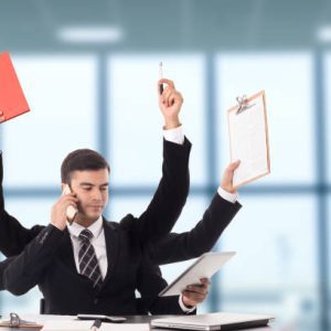 multitasking man busy business manager task with white background.