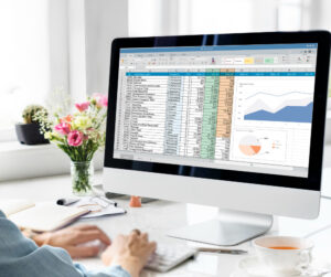 someone looking at financial spreadsheets on a desktop computer