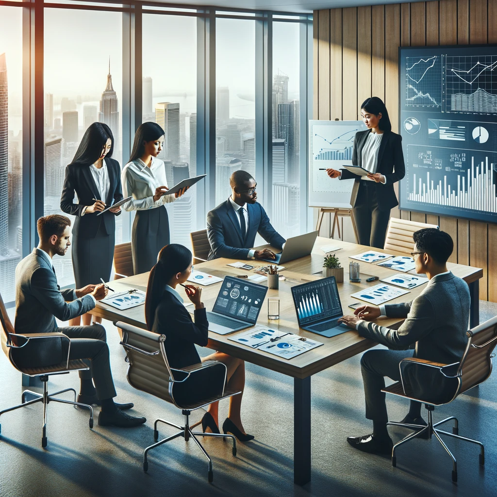 dall·e 2024 03 24 14.38.23 an image depicting a professional setting where a team of diverse business analysts are preparing a report on business valuation. the scene shows a mo