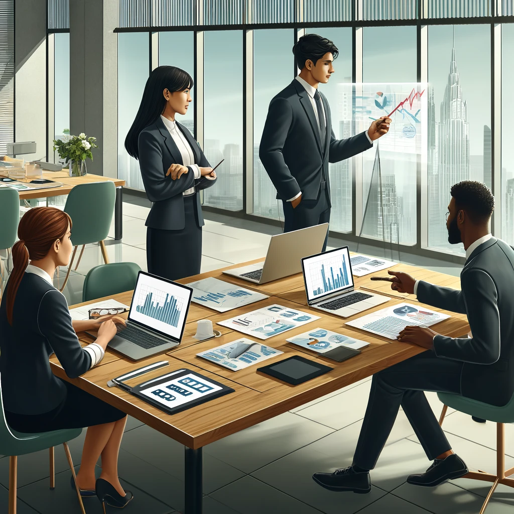 dall·e 2024 04 14 09.57.54 a modern corporate office scene illustrating three professionals engaged in planning, budgeting, and forecasting. the setting features a large confere