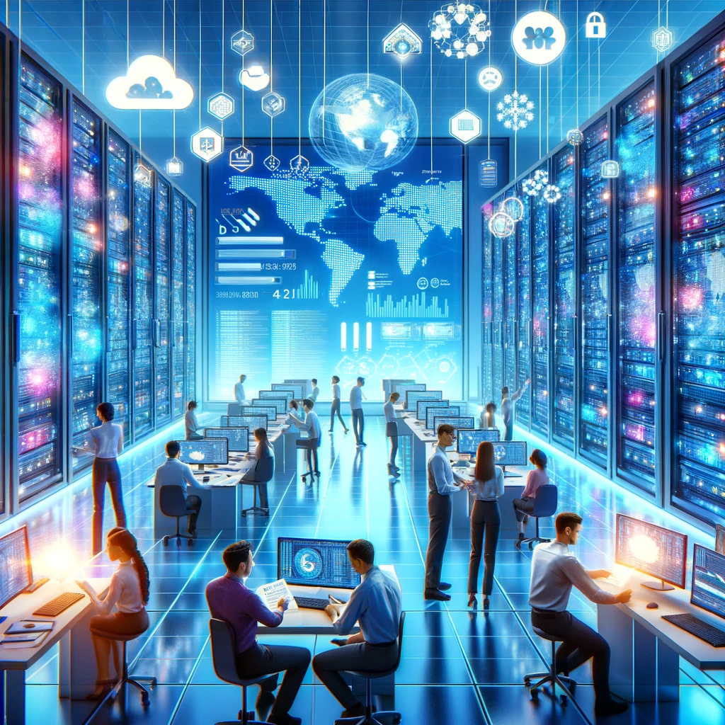 dall·e 2024 04 18 16.39.20 1. a vibrant illustration of a large data center filled with rows of high tech servers emitting soft blue light. technicians in smart casual attire ar