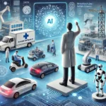 dall·e 2024 07 18 09.39.22 a futuristic scene showcasing the impact of artificial intelligence on various industries. the image includes a robotic doctor diagnosing a patient wi