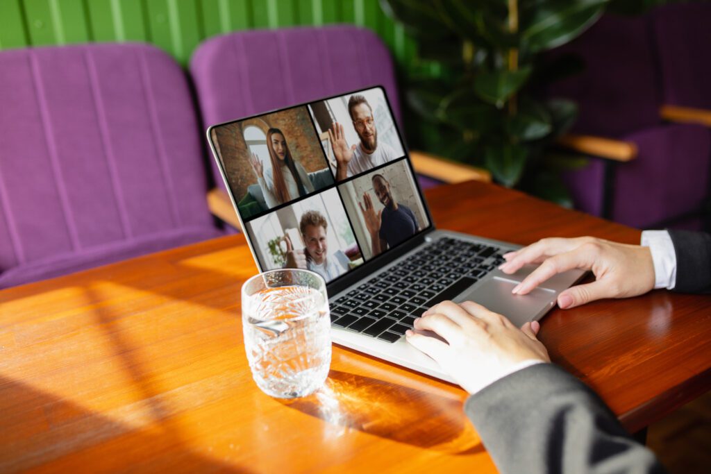 remote working. workplace in bar, restaurant office with pc, devices and gadgets.